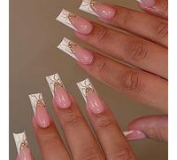 24 Uds Uñas postizas brillantes Arcos dulces Uñas Artificiales Consejos franceses Stick en las uñas Longitud de los medios Prensa de ataúd en las uñas