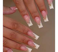24 Uds Uñas postizas brillantes Arcos dulces Uñas Artificiales Consejos franceses Stick en las uñas Longitud de los medios Prensa de ataúd en las uñas