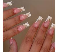 24 Uds Uñas postizas brillantes Arcos dulces Uñas Artificiales Consejos franceses Stick en las uñas Longitud de los medios Prensa de ataúd en las uñas