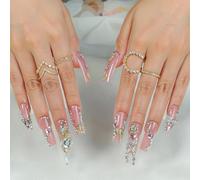 24 Uds Uñas Postizas Brillantes Barra Acrílica Artificial Cuadrada Larga Con Diseños De Lazos Decoración Cubierta De Uñas Acrílicas