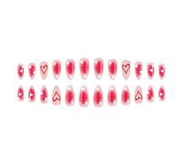24 uñas a presión brillantes de corazón de San Valentín, longitud media, forma de gotas de agua con rubor, purpurina estrellada degradada, para ocasiones románticas, ojos de gato, uñas de llama