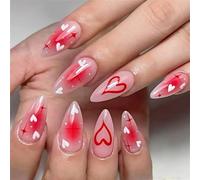 24 uñas a presión brillantes de corazón de San Valentín, longitud media, forma de gotas de agua con rubor, purpurina estrellada degradada, para ocasiones románticas, día de San Valentín, uñas a