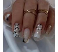 24 uñas a presión con puntas de corazón francés en V negro y blanco, diseño de ondas, perlas brillantes, varios tamaños, cómodas de llevar, efecto de perlas