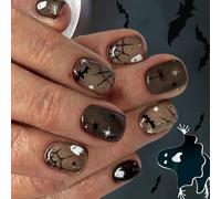 24 uñas a presión de Halloween con diseño gótico de murciélago con patrones de telaraña, uñas de ABS que no necesitan herramientas, uñas postizas brillantes