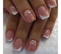 24 uñas acrílicas cuadradas cortas, cubiertas completas, adhesivas, punta francesa, simple, falsas