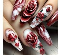24 uñas adhesivas brillantes para el día de San Valentín, uñas postizas con flores, suministros de manicura para mujer