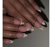24 uñas adhesivas con puntas francesas con purpurina y diamantes de imitación coloridos, arte de almendra para mujer, estilos de uñas de moda