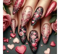 24 uñas adhesivas en forma de corazón para San Valentín, cobertura completa, falsos medios de comunicación, almendra acrílica, para mujeres