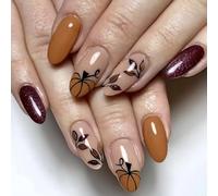 24 uñas adhesivas para Acción de Gracias, almendra, calabaza, diseño de hojas de arce, uñas artificiales para festividades