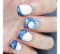 24 uñas artificiales adhesivas con elegante diseño de agua azul y blanca, uñas postizas cuadradas cortas para mujer