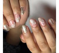 24 uñas artificiales brillantes, ovaladas, cortas y ovaladas, de moda, se pegan con flores a presión