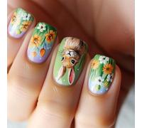 24 uñas artificiales con diseño floral de primavera, cubiertas completas, decoración de manicura a presión