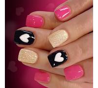24 uñas artificiales con patrón de corazón para San Valentín, puntas cuadradas brillantes, decoración temática de San Valentín, diseño de llama, uñas postizas ABS