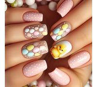 24 uñas artificiales cortas a presión con diseños de pollito, acrílico para manicura para ocasiones festivas