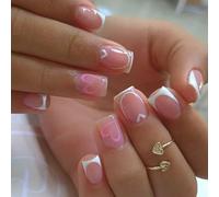 24 uñas artificiales cortas cuadradas blancas brillantes con corazón francés, ABS, mate, prensas cortas en las uñas
