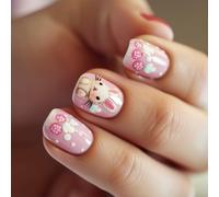 24 uñas artificiales cuadradas cortas con diseños de conejos, cubiertas completas, uñas adhesivas, decoración de manicura para uso diario