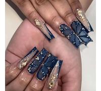 24 uñas artificiales cuadradas largas con diamantes de imitación a presión, elegantes cubiertas completas, acrílicas, listas para fiestas