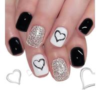 24 uñas artificiales fáciles de aplicar múltiples tamaños diseño de corazón negro corto cuadrado plata brillo uñas artificiales accesorios de fiesta corazón negro plata brillo artificial