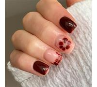 24 uñas artificiales para imprimir color café francés diseño de flores ABS uñas postizas para mujeres, fácil de usar, ajuste cómodo, uñas artificiales de invierno duraderas con estampado floral