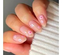 24 uñas artificiales simples ovaladas cortas y ovaladas de cobertura completa, uñas postizas brillantes para pegar en flores dulces a presión