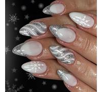 24 uñas brillantes a presión para Navidad, diseño de punta francesa, diseño de pezuñas artificiales para fiesta de invierno, aplicación rápida, instancia de prensa de hielo de invierno