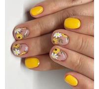 24 uñas cortas cuadradas a presión en estilos de flores amarillas para mujer, brillantes, cubiertas completas, uñas postizas de girasol a presión