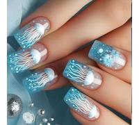 24 uñas cuadradas a presión con patrón de medusas de hielo azul, tamaño mediano, largas, ABS, brillantes, falsas para ocasiones especiales, diseño de medusas de océanos, forma cuadrada