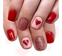 24 uñas cuadradas brillantes a presión con diseños de amor con destellos rojos, varios tamaños, cómodas de llevar todo el día, ABS a presión, color rojo con purpurina