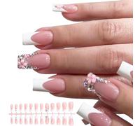 24 uñas cuadradas de cobertura completa, diseños de punta francesa con diamantes de imitación y patrones de flores 3D para mujer