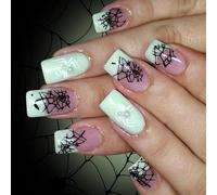 24 uñas de Halloween blancas con diseño de telaraña brillante para arte artificial de Halloween