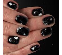 24 uñas de Halloween para presionar telaraña artificial corta cuadrada cobertura completa falsa brillante pegado Halloween impresión de uñas telaraña falsa
