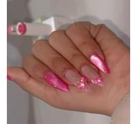 24 uñas postizas a presión 3D con diseño de ojo de gato juguetón de cerezas artísticas ABS de aspecto brillante para fiestas, uso diario, uñas casuales