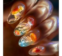 24 uñas postizas a presión azul hielo, con forma de almendra, arte ABS transparente para ocasiones especiales, ajuste cómodo, forma de almendra, iridiscentes, falsas