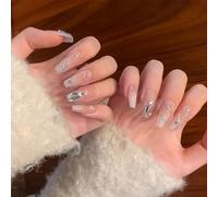 24 uñas postizas a presión con diseños de remolinos y detalles plateados, accesorios de uñas postizas para mujer