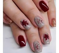 24 uñas postizas a presión con hojas de arce, para otoño, Acción de Gracias, cobertura completa, uñas postizas cortas para mujer