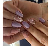 24 uñas postizas a presión con punta francesa, forma de almendra, flores blancas, acrílico, brillante, cobertura completa
