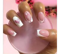 24 uñas postizas a presión de longitud media, uñas postizas con forma de corazón, punta francesa, uñas artificiales para el día de San Valentín