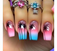 24 uñas postizas a presión, diseño de árbol de coco, cubiertas completas, accesorios de manicura acrílica, para mujer, uñas postizas azules
