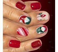 24 uñas postizas a presión para fiestas de Navidad, color dorado oscuro, con purpurina, color rojo, con diseño de sombrero de Papá Noel, fáciles de aplicar para uñas postizas a presión
