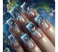 24 uñas postizas ABS con diseño de delfines inspirados en océanos transparentes con múltiples tamaños para uñas postizas perfectas a la moda para mujeres