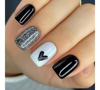 24 uñas postizas ABS de larga duración con purpurina de corazón negro para fiestas, uso diario y piel sensible, durabilidad de ABS