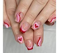 24 uñas postizas acrílicas cuadradas cortas con punta francesa, diseño de corazón para el día de San Valentín, fiestas, bodas, uso diario, reutilizables, fáciles de aplicar para mujeres y arte de uñas