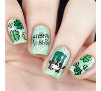 24 uñas postizas acrílicas irlandesas cortas estilo ataúd uñas a presión con arte de trébol verde para decoración del día de San Patricio