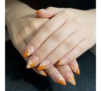 24 uñas postizas con cuentas florales amarillas degradadas brillantes en forma de lágrima, longitud media para una fácil aplicación
