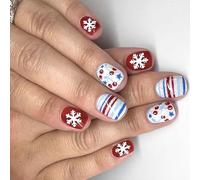 24 uñas postizas con diseño de copo de nieve con purpurina, color blanco y rojo, materiales ABS, para uso diario y noche para mujeres