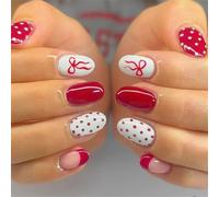 24 uñas postizas con diseño de llamas de corazón, color rojo y blanco, duradero, para niñas, fiestas, uso diario, uñas postizas con encaje francés
