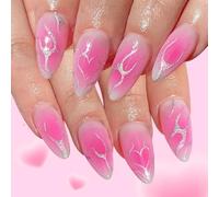 24 uñas postizas con diseño de llamas de corazón y purpurina, decoración artificial para el día de San Valentín, decoración de niña, corazón con purpurina artificial