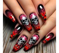 24 uñas postizas con diseño floral de calavera roja de Halloween, durabilidad para fiestas de disfraces, uso diario, uñas rojas de Halloween con patrones de flores de calavera