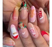 24 uñas postizas con forma de almendra, cubiertas completas, uñas adhesivas de Papá Noel, suministros de manicura para invierno