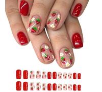 24 uñas postizas cortas a presión con flores, desmontables, cubiertas completas, uñas adhesivas encantadoras uñas artificiales de fresa